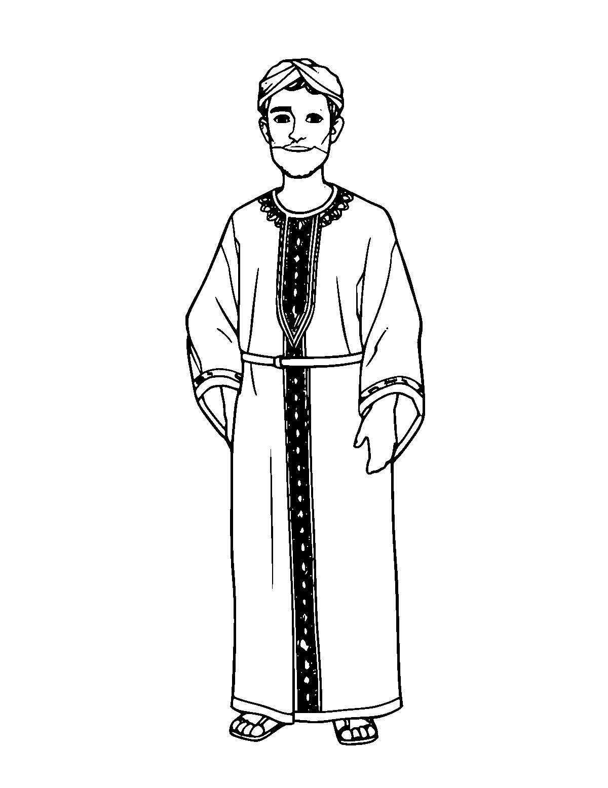 Line-art coloring page of Moroccan Kaftan, medium outlines, centered
