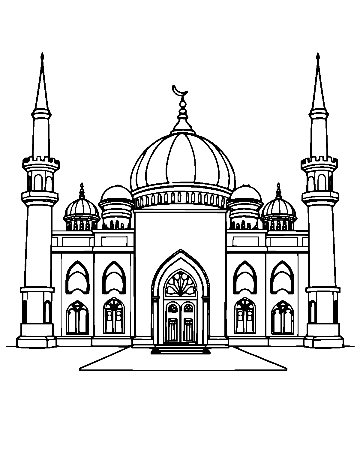 Line-art coloring page of Mosque, medium outlines, centered