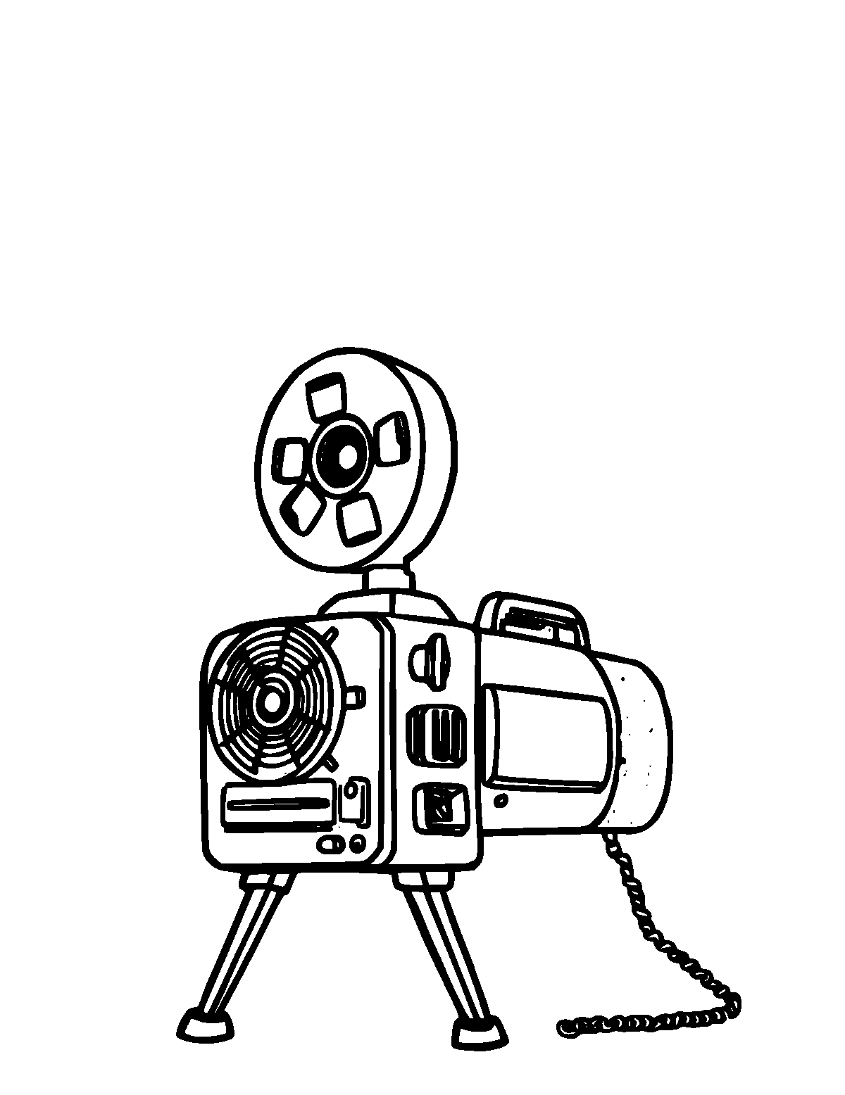 Line-art coloring page of Movie Projector, thick outlines, centered