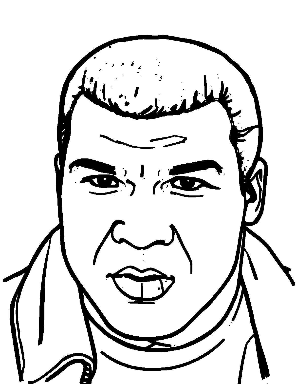 Line-art coloring page of Muhammad Ali, thick outlines, centered