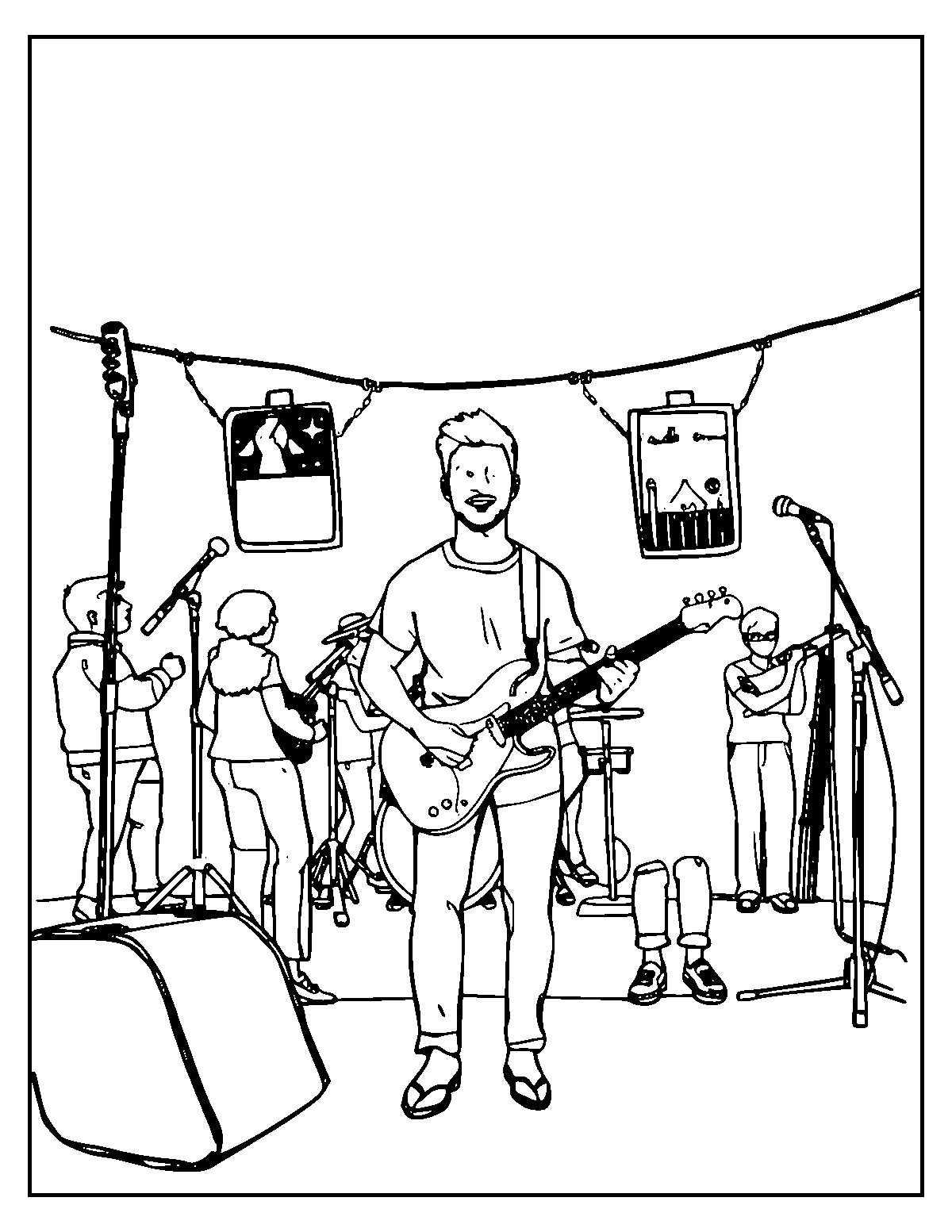 Line-art coloring page of Music Festival, medium outlines, centered