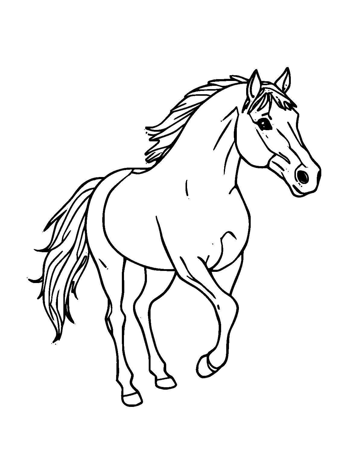 Line-art coloring page of Mustang Horse, medium outlines, centered