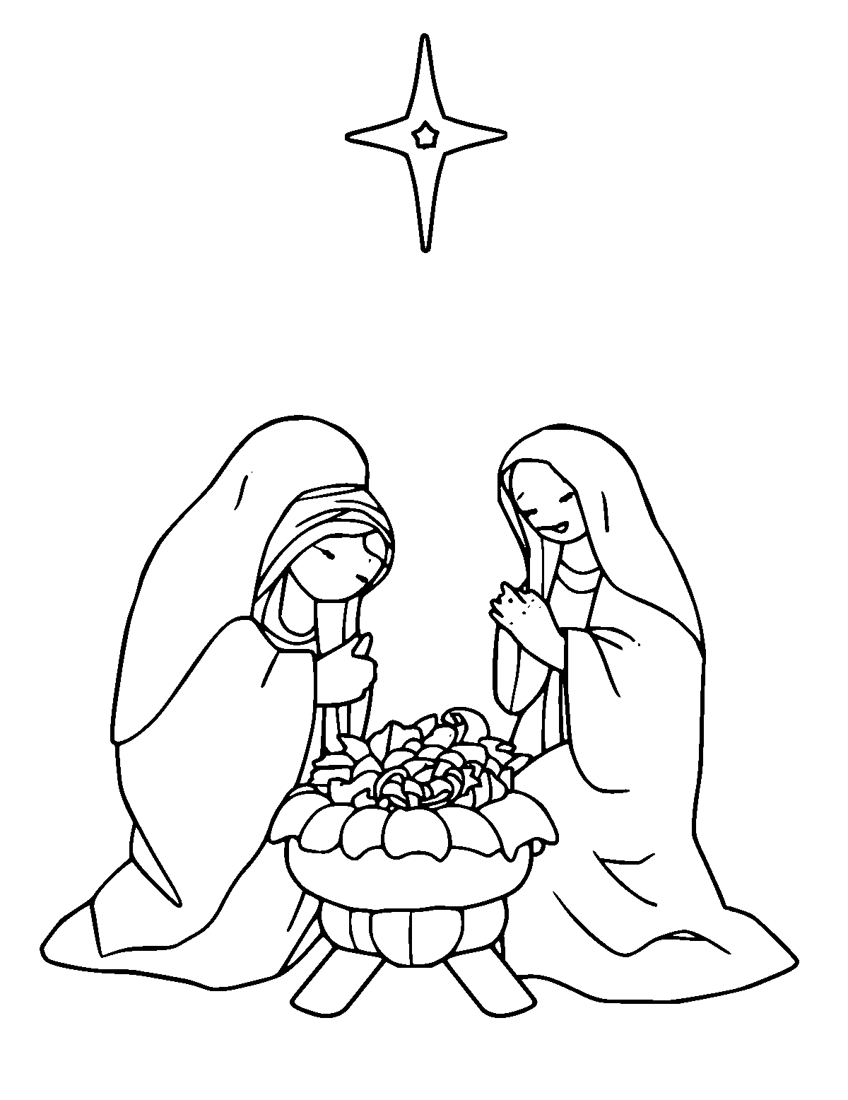 Line-art coloring page of Nativity, medium outlines, centered