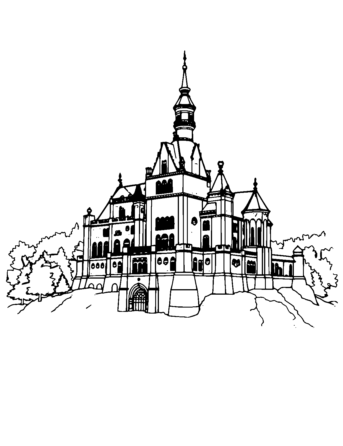 Line-art coloring page of Neuschwanstein Castle, medium outlines, centered