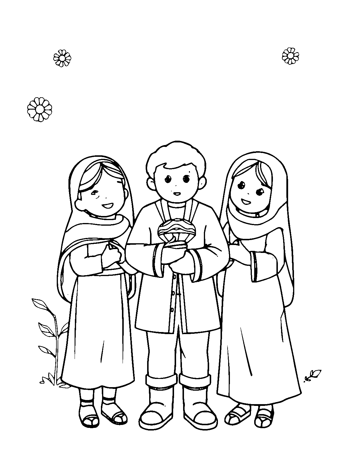 Line-art coloring page of Nowruz Persian New Year, medium outlines, centered