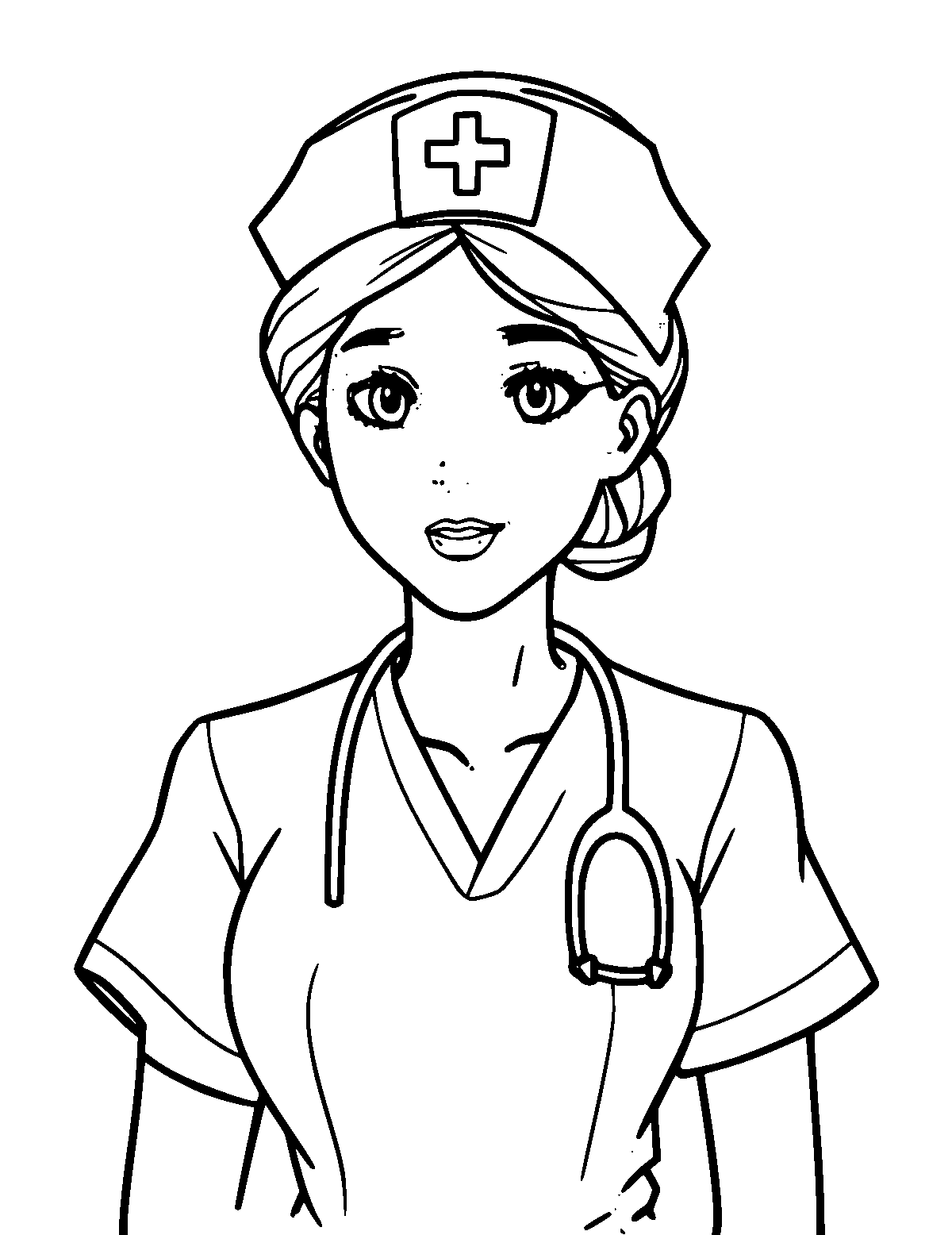 Line-art coloring page of Nurse, medium outlines, centered