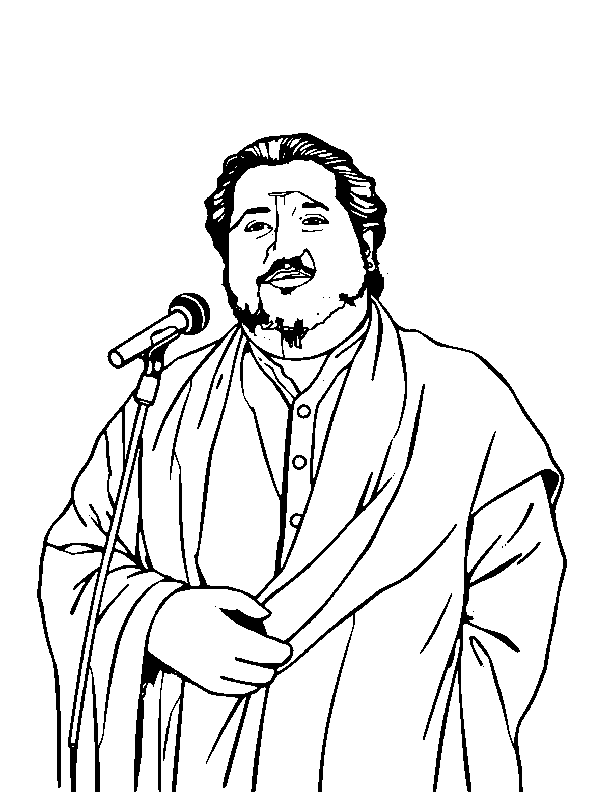 Line-art coloring page of Nusrat Fateh Ali Khan, medium outlines, centered