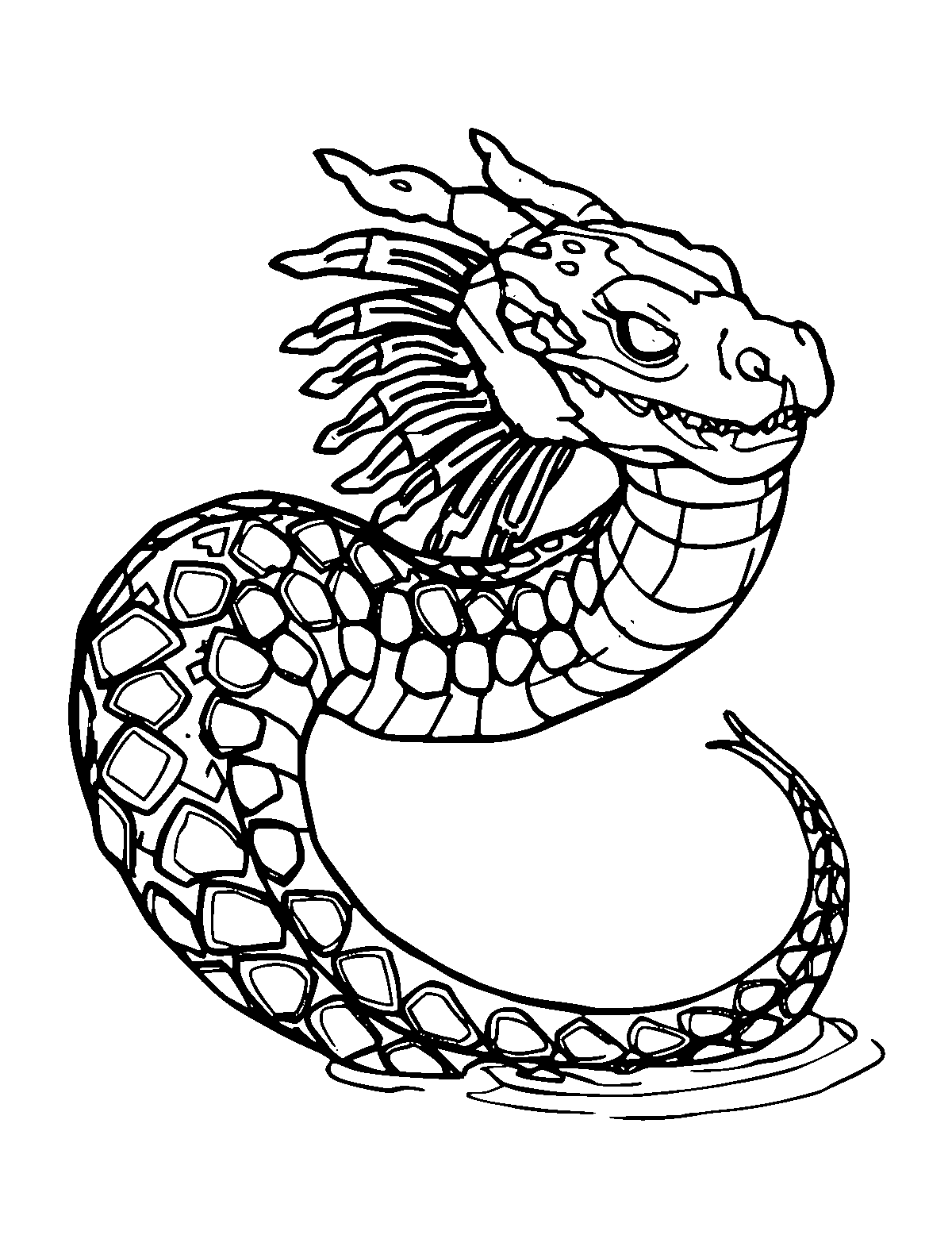 Line-art coloring page of Nyami Nyami the River Serpent, medium outlines, centered