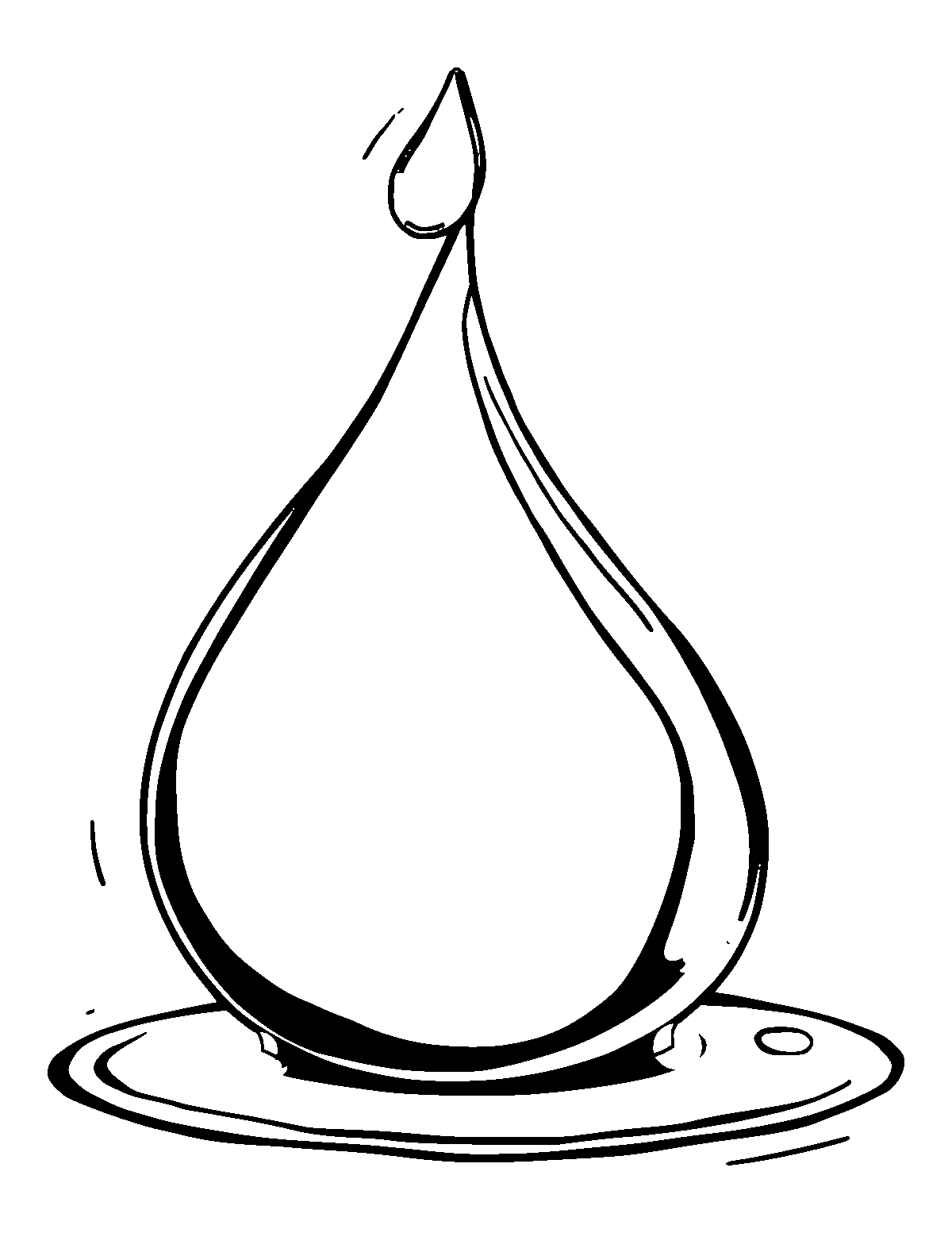 Line-art coloring page of Oil Drop, thick outlines, centered