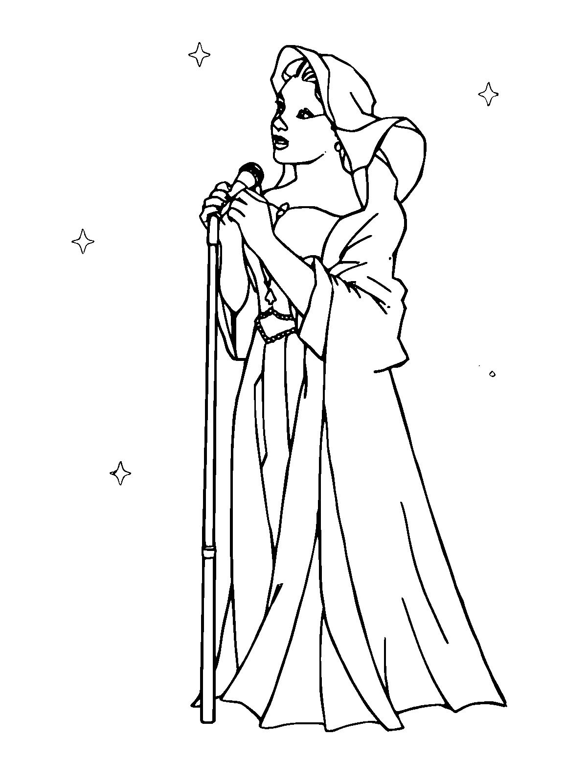 Line-art coloring page of Opera Singer, medium outlines, centered