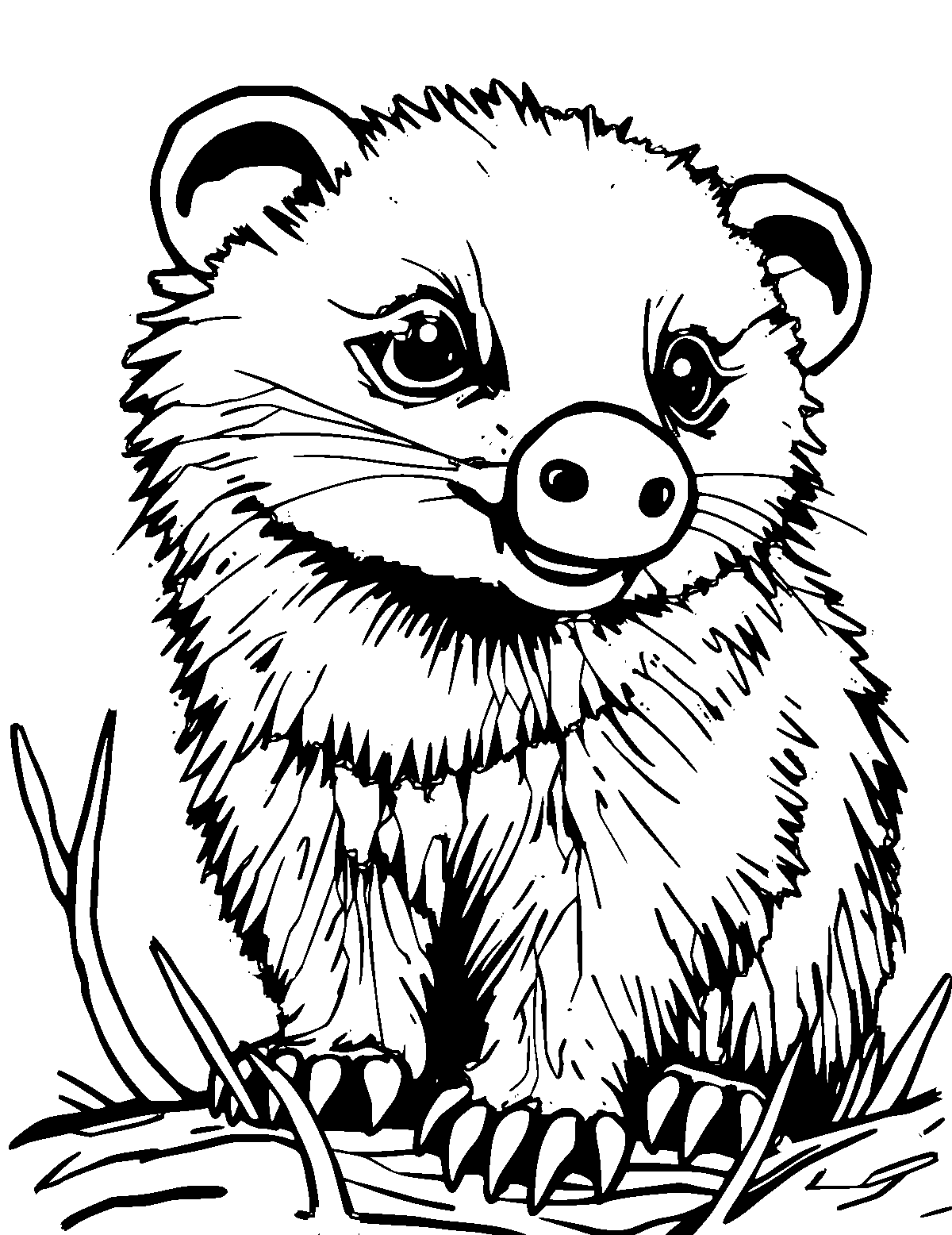 Line-art coloring page of Opossum, medium outlines, centered