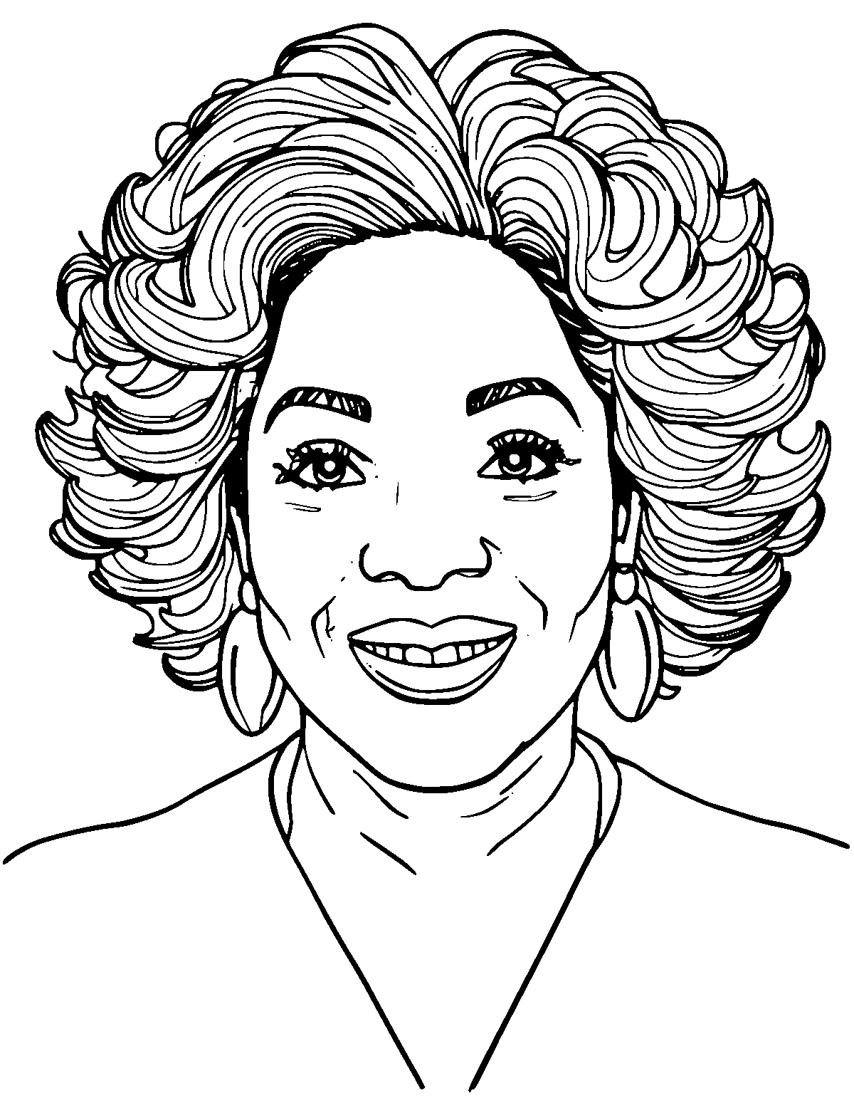 Line-art coloring page of Oprah Winfrey, medium outlines, centered
