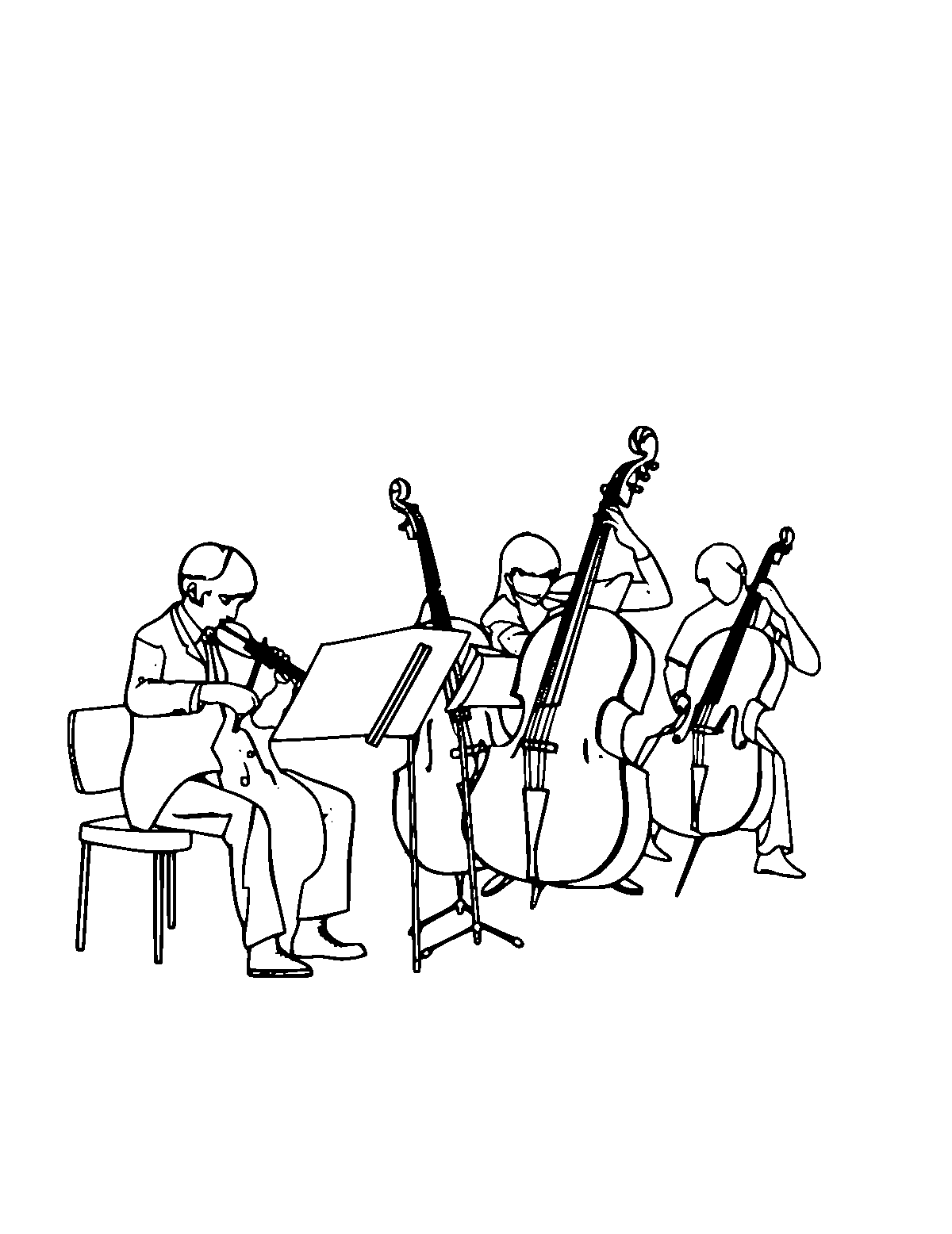 Line-art coloring page of Orchestra, medium outlines, centered