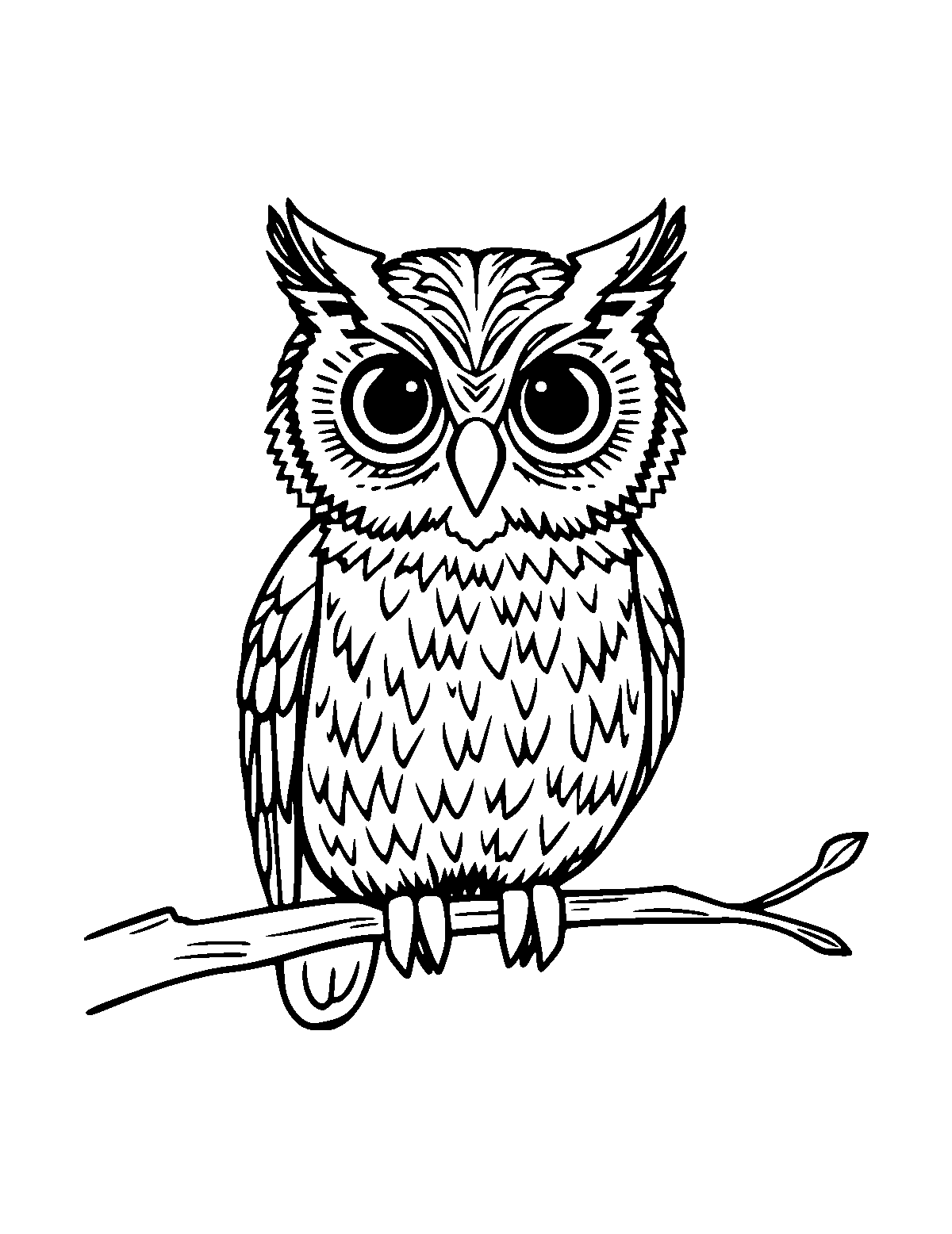 Line-art coloring page of Owl, medium outlines, centered