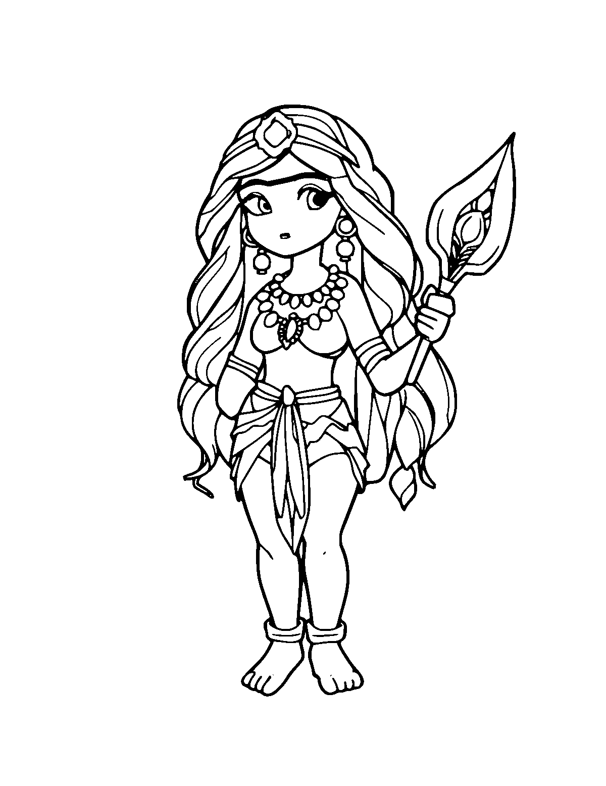 Line-art coloring page of Pandora, medium outlines, centered