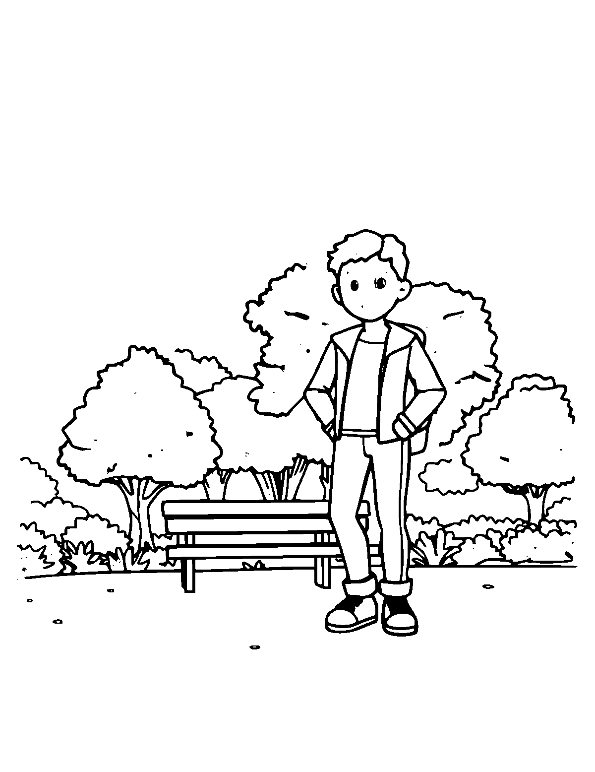 Line-art coloring page of Park, medium outlines, centered