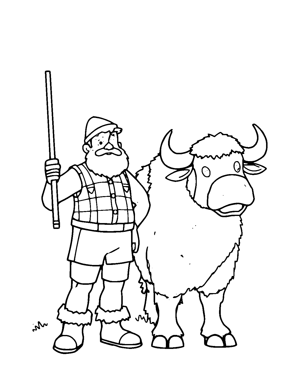 Line-art coloring page of Paul Bunyan and Babe the Blue Ox, medium outlines, centered