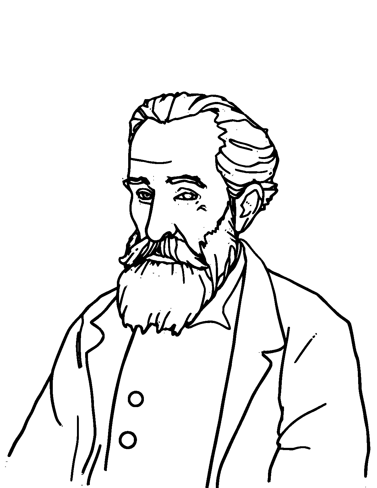 Line-art coloring page of Paul Cezanne, medium outlines, centered