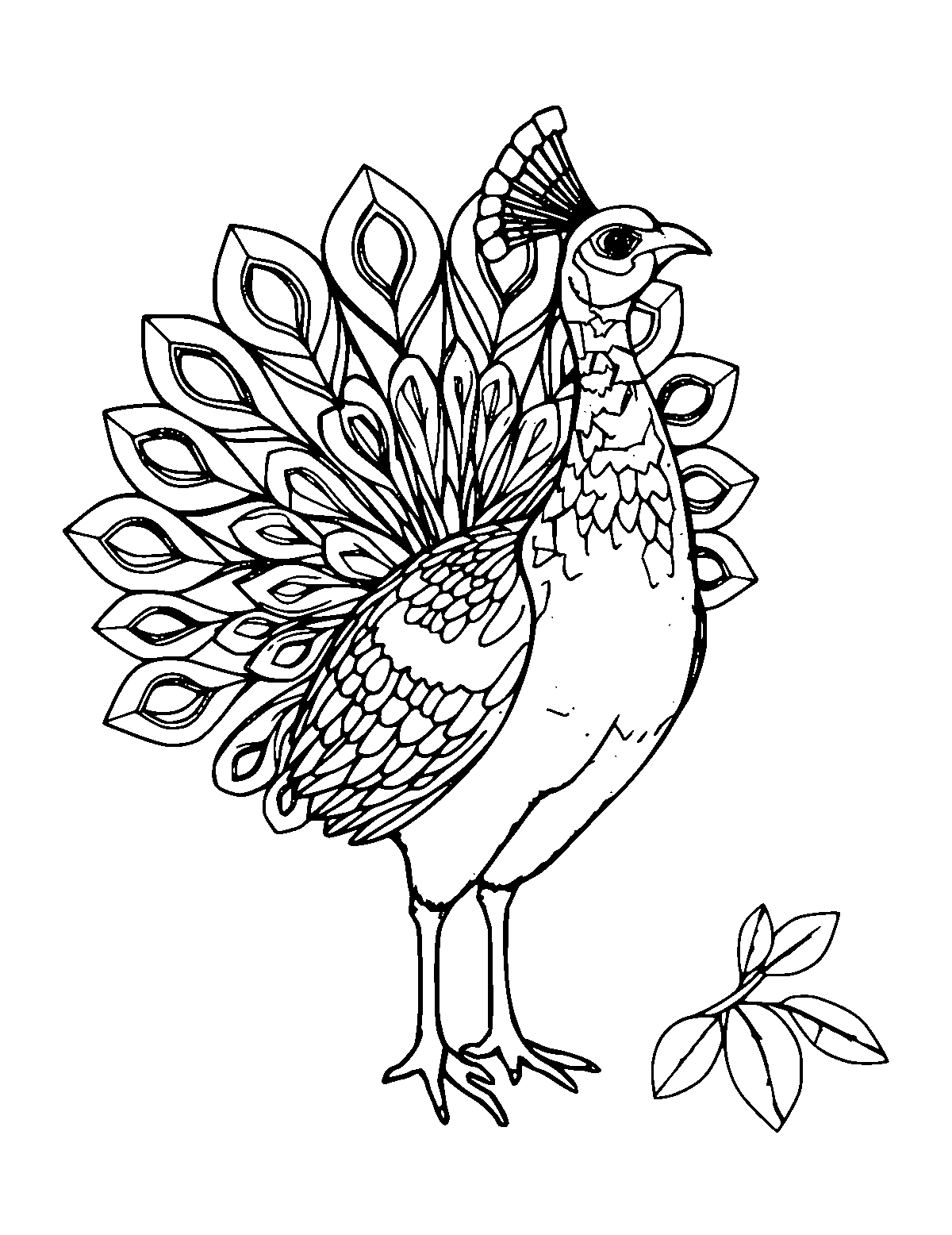 Line-art coloring page of Peacock, medium outlines, centered