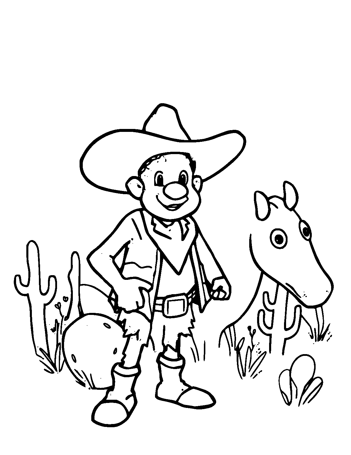 Line-art coloring page of Pecos Bill, medium outlines, centered