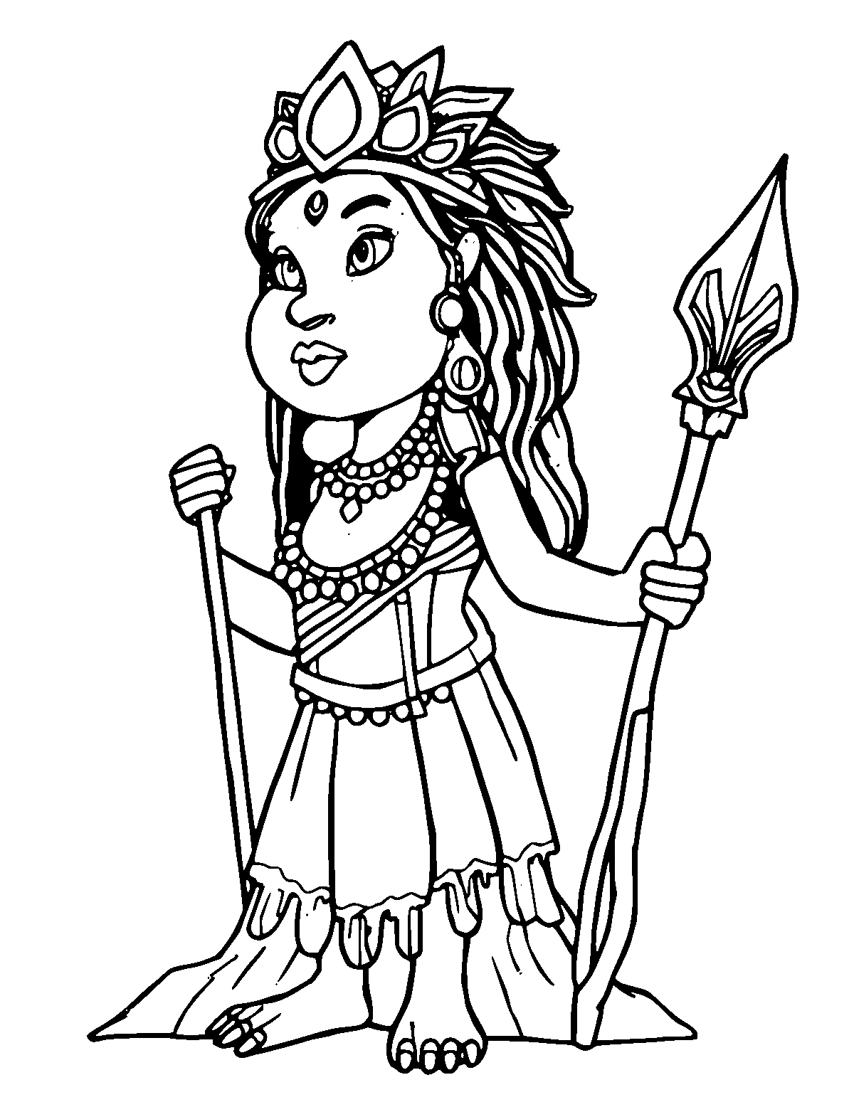 Line-art coloring page of Pele the Volcano Goddess, medium outlines, centered