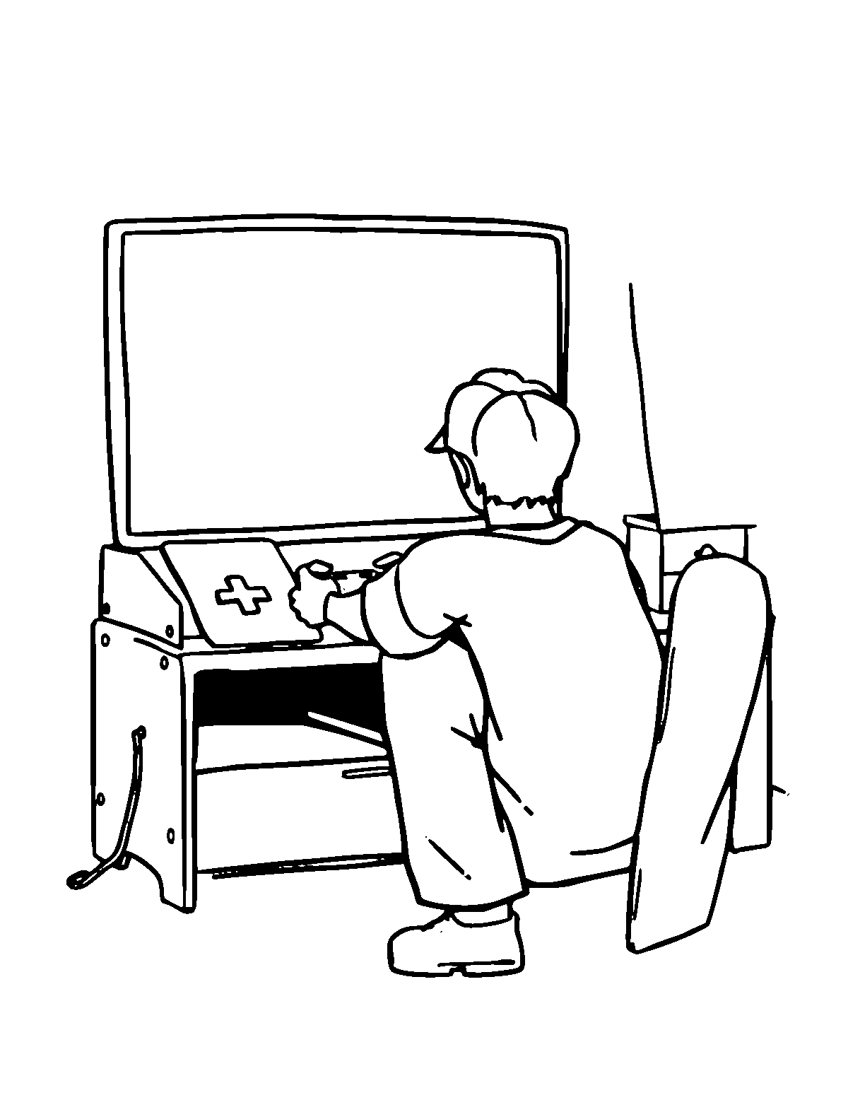 Line-art coloring page of Person Playing Video Game, medium outlines, centered