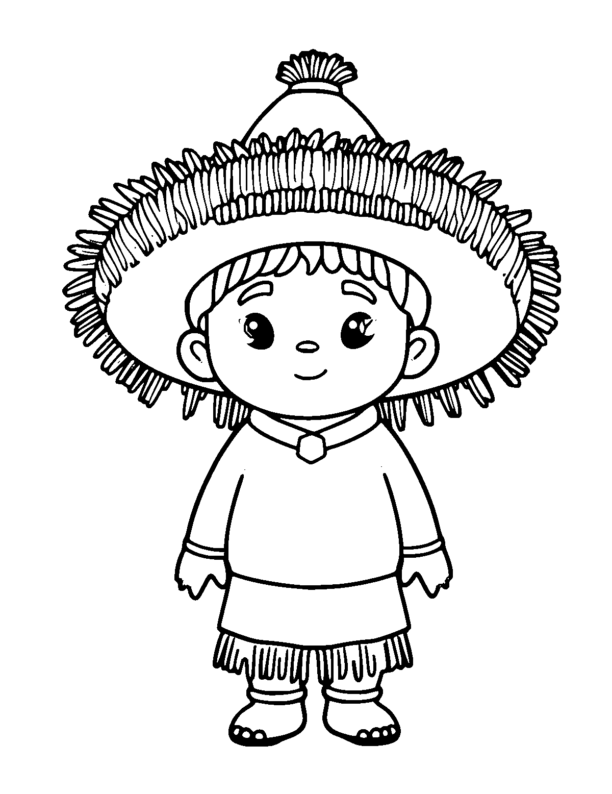 Line-art coloring page of Peruvian Chullo Hat, medium outlines, centered
