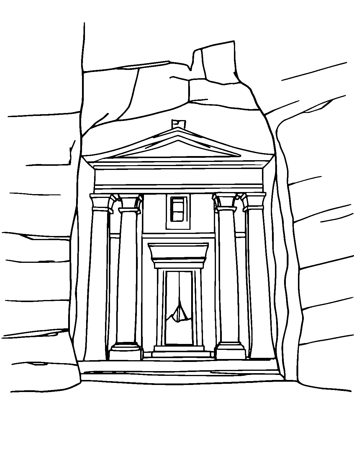 Line-art coloring page of Petra Treasury, medium outlines, centered