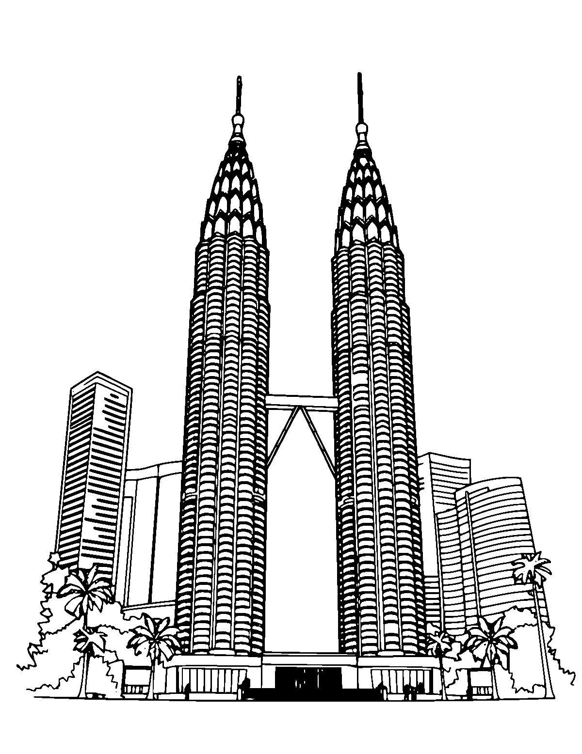 Line-art coloring page of Petronas Towers, medium outlines, centered