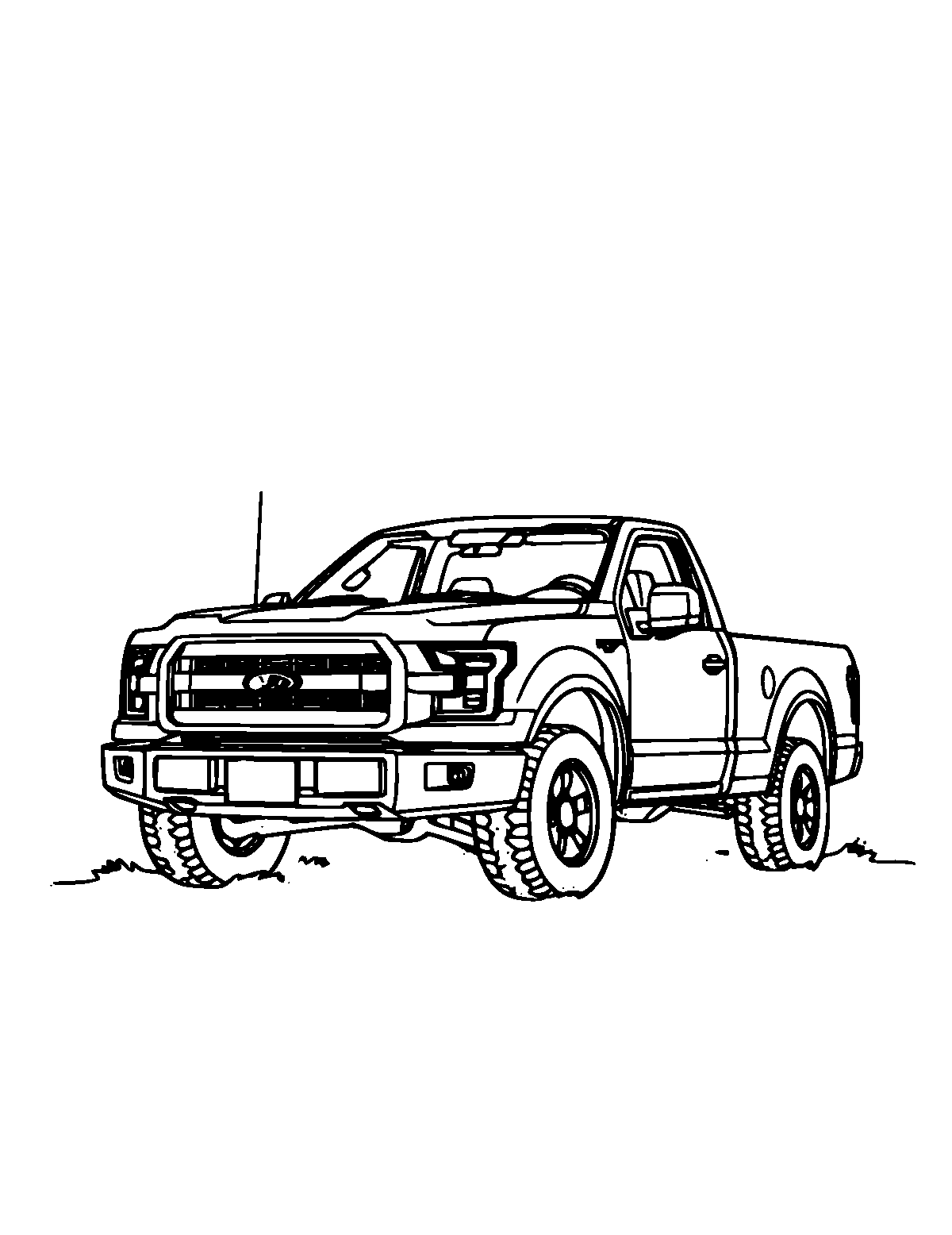 Line-art coloring page of Pickup Truck, medium outlines, centered