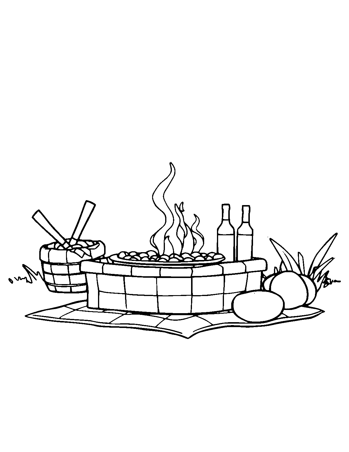 Line-art coloring page of Picnic, medium outlines, centered