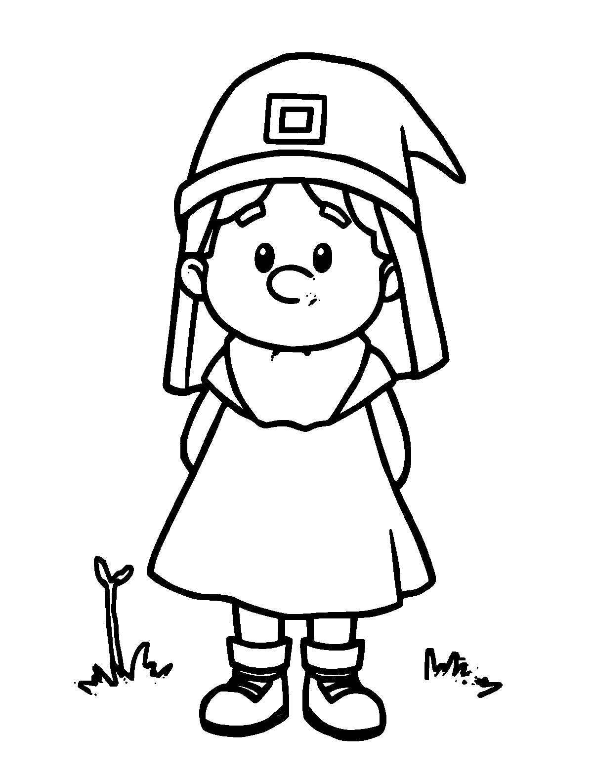 Line-art coloring page of Pilgrim, thick outlines, centered