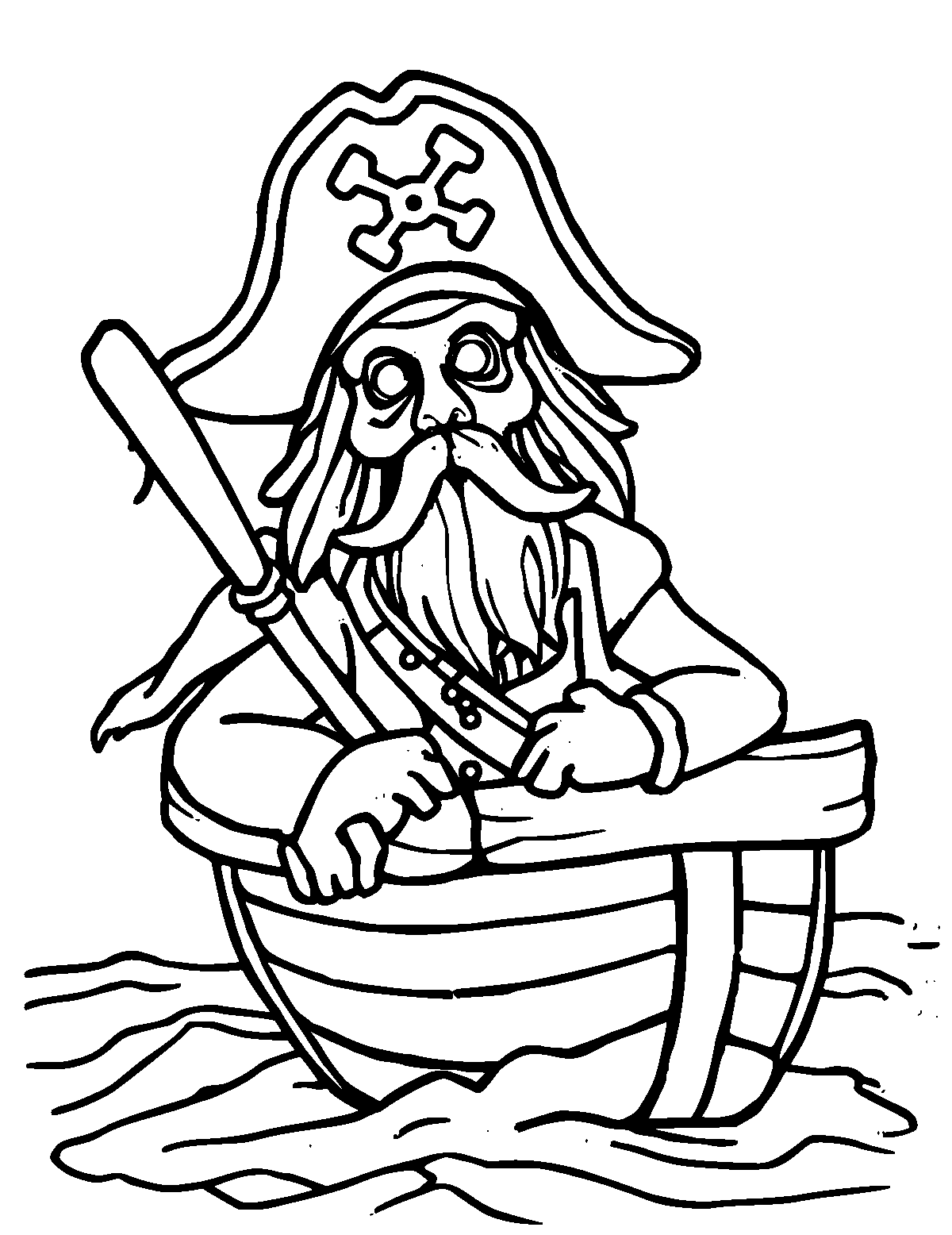 Line-art coloring page of Pirate Ship, thick outlines, centered