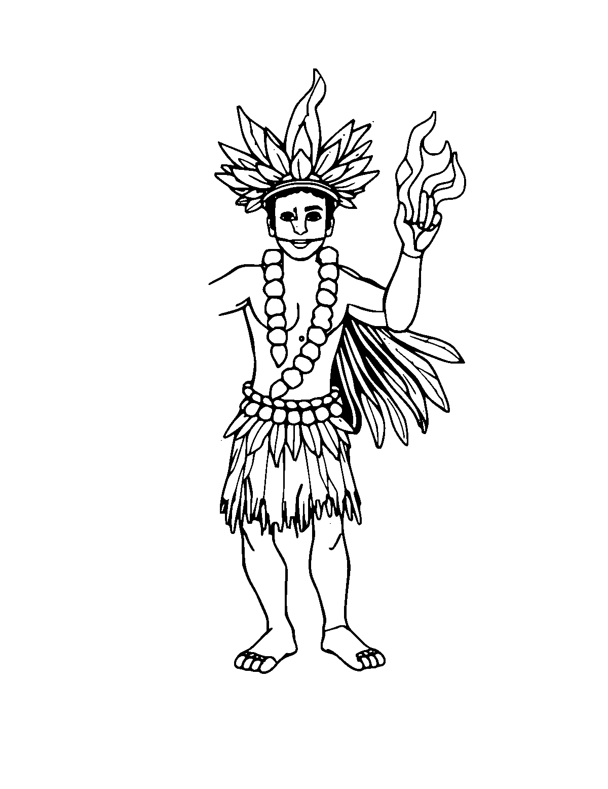 Line-art coloring page of Polynesian Fire Dance, medium outlines, centered