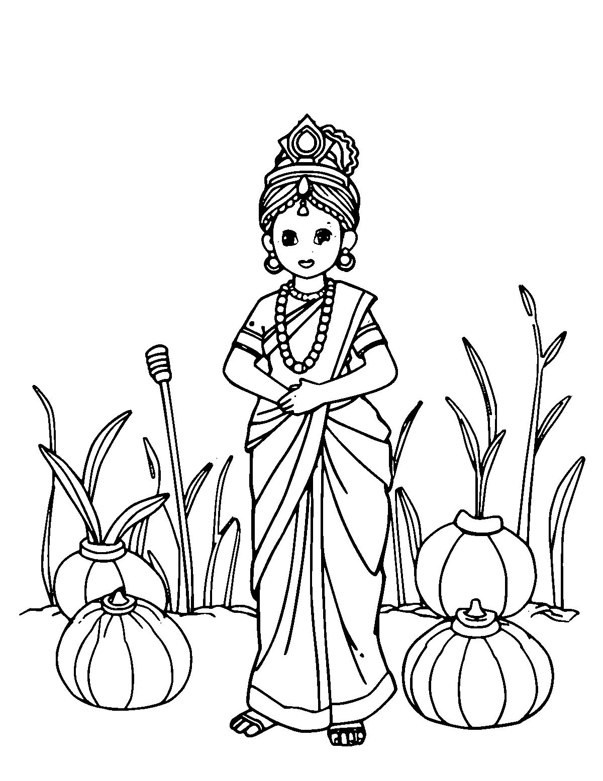 Line-art coloring page of Pongal Harvest Festival, medium outlines, centered