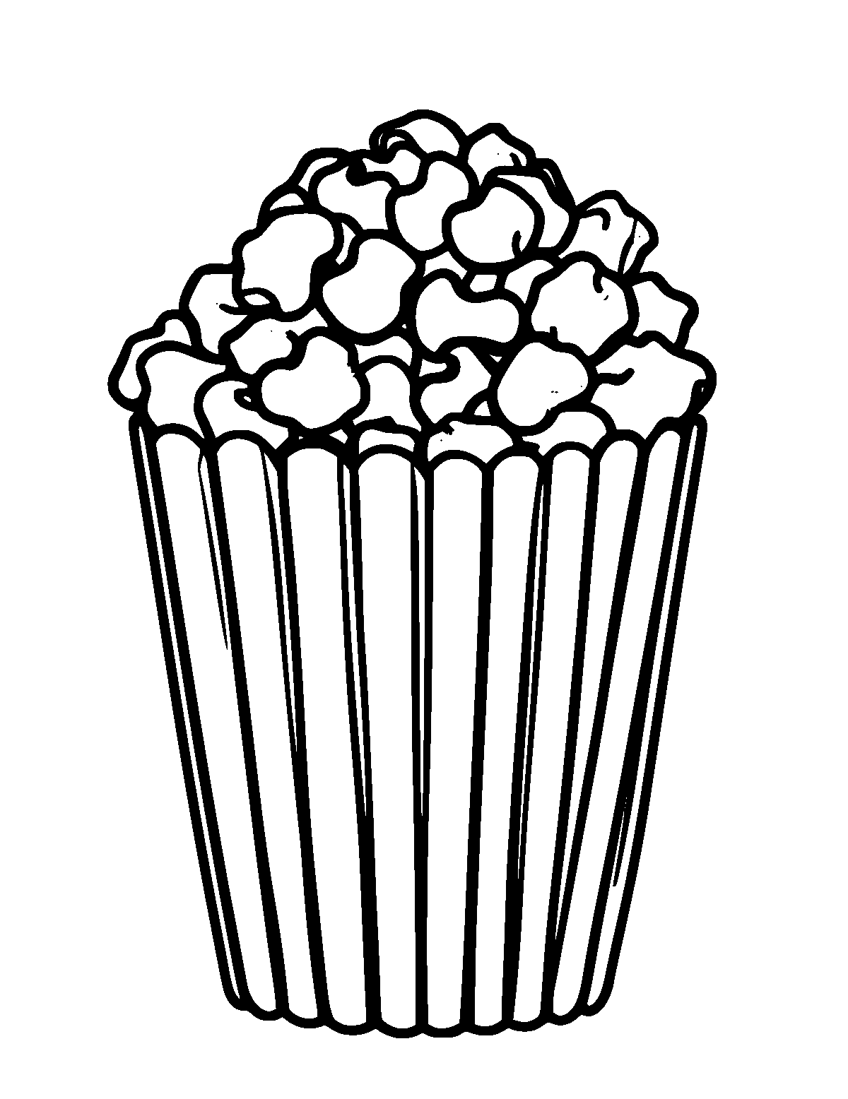 Line-art coloring page of Popcorn, thick outlines, centered
