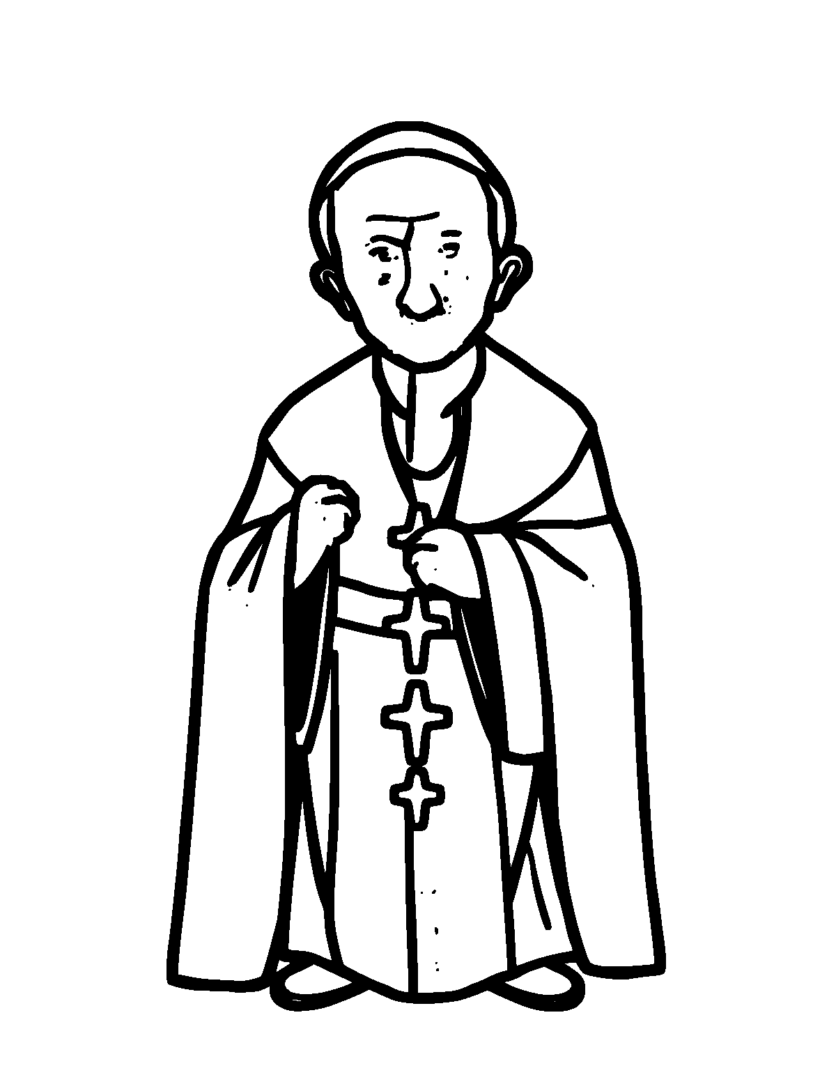 Line-art coloring page of Pope Francis, thick outlines, centered