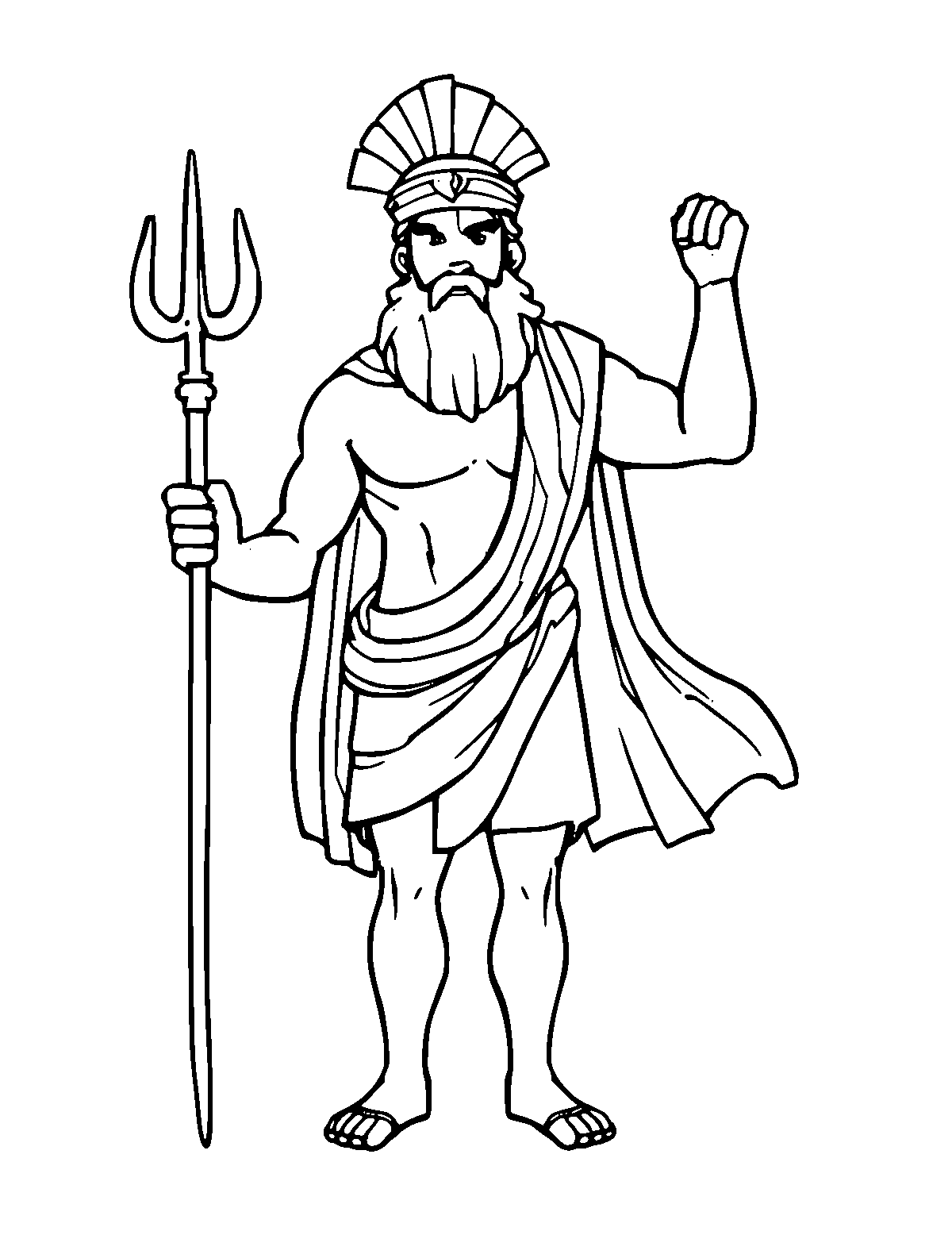 Line-art coloring page of Poseidon, medium outlines, centered