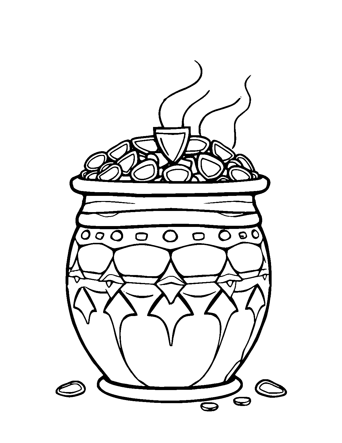 Line-art coloring page of Pot of Gold, medium outlines, centered