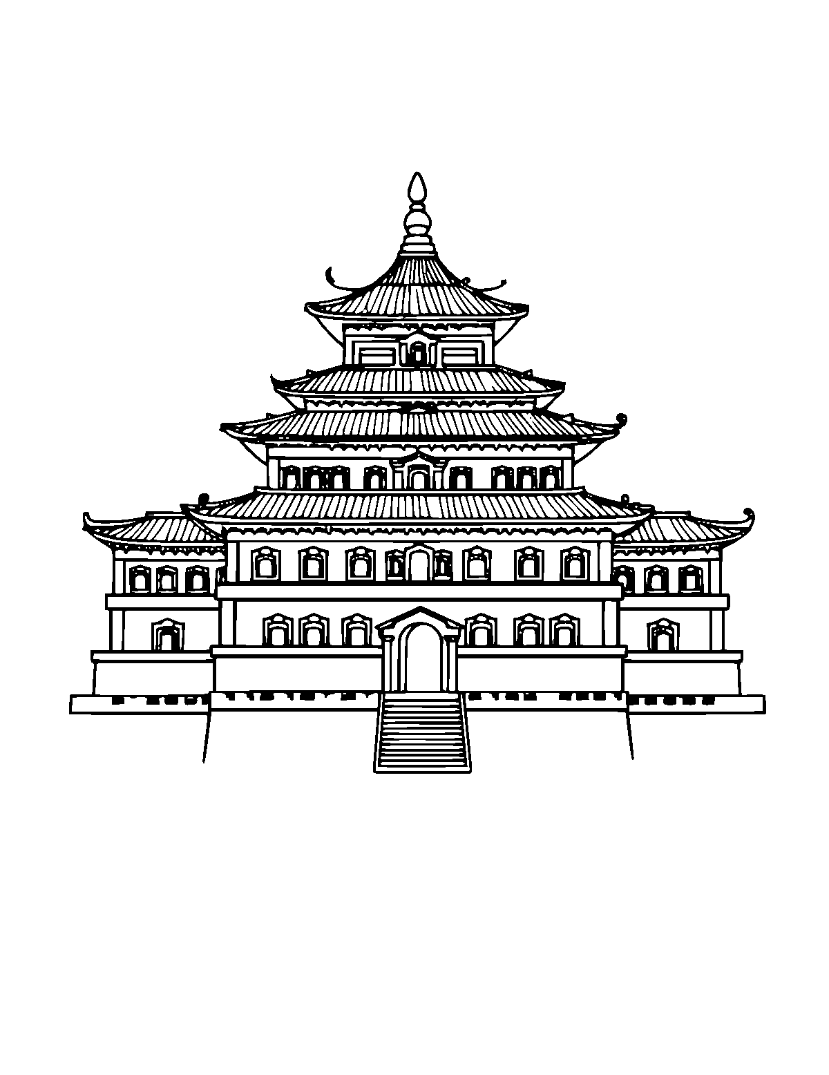 Line-art coloring page of Potala Palace, medium outlines, centered