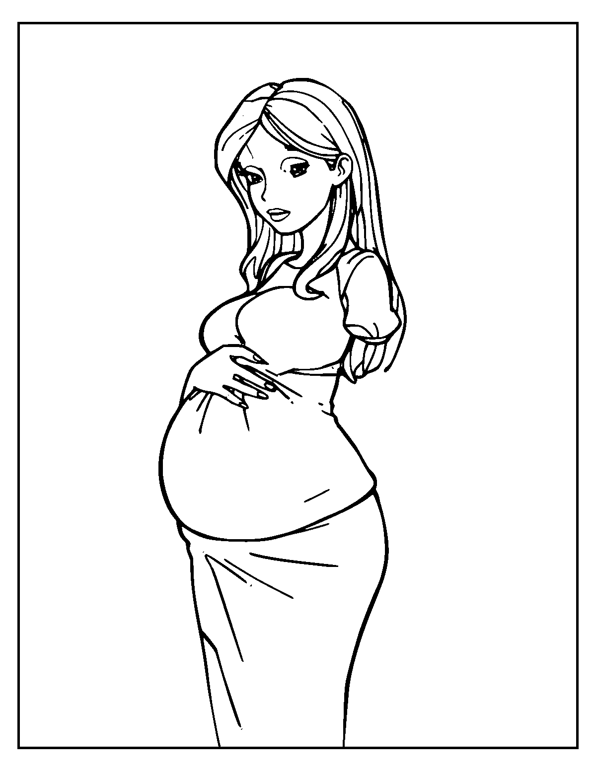 Line-art coloring page of Pregnant Woman, medium outlines, centered