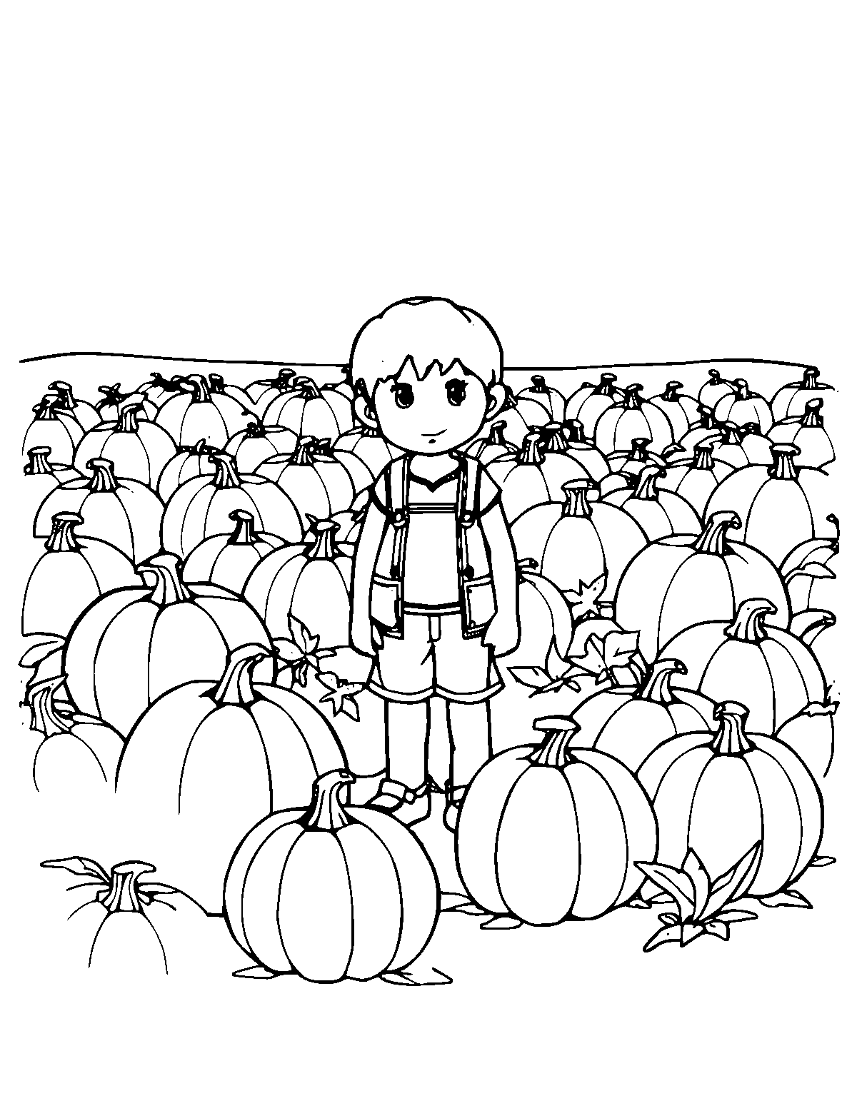 Line-art coloring page of Pumpkin Patch, medium outlines, centered