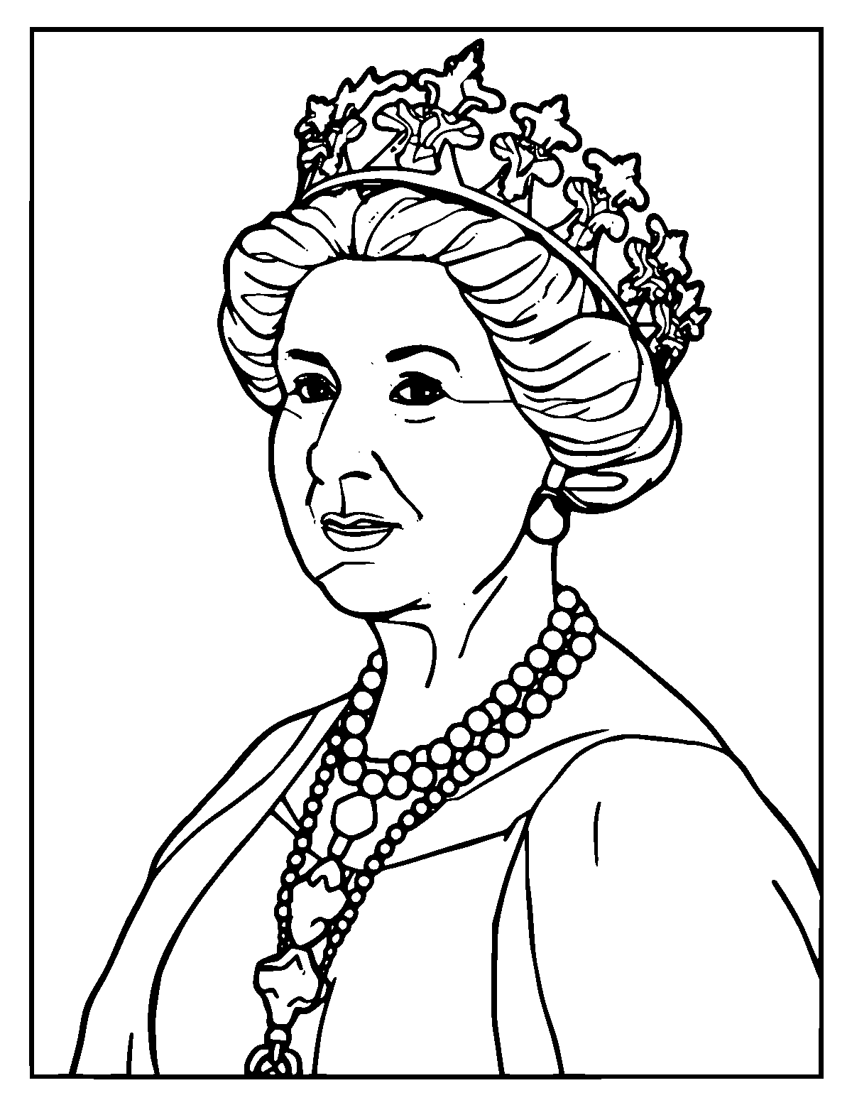 Line-art coloring page of Queen Elizabeth II, medium outlines, centered