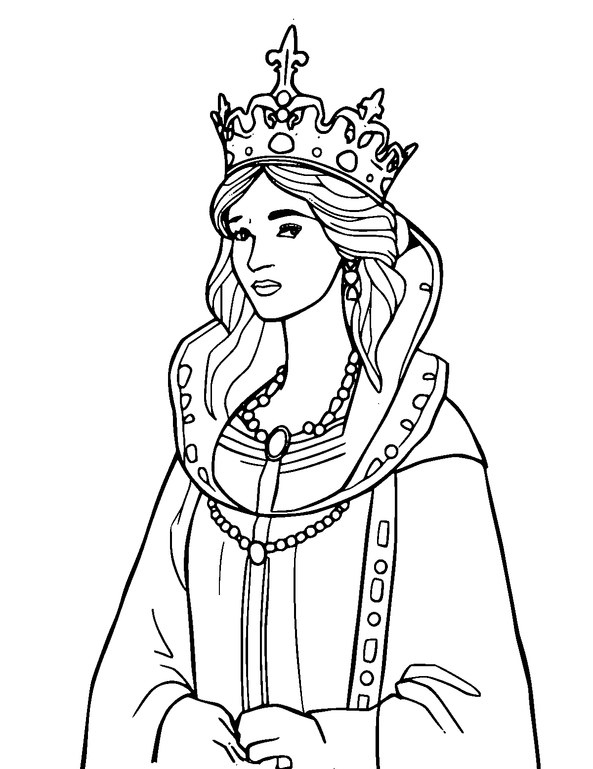 Line-art coloring page of Queen, medium outlines, centered