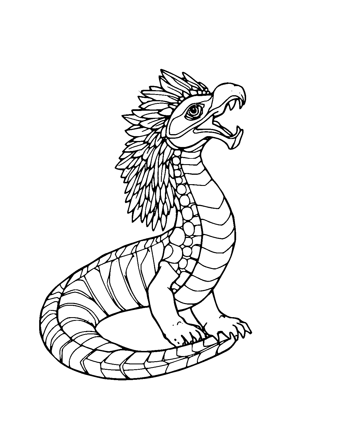 Line-art coloring page of Quetzalcoatl the Feathered Serpent, medium outlines, centered