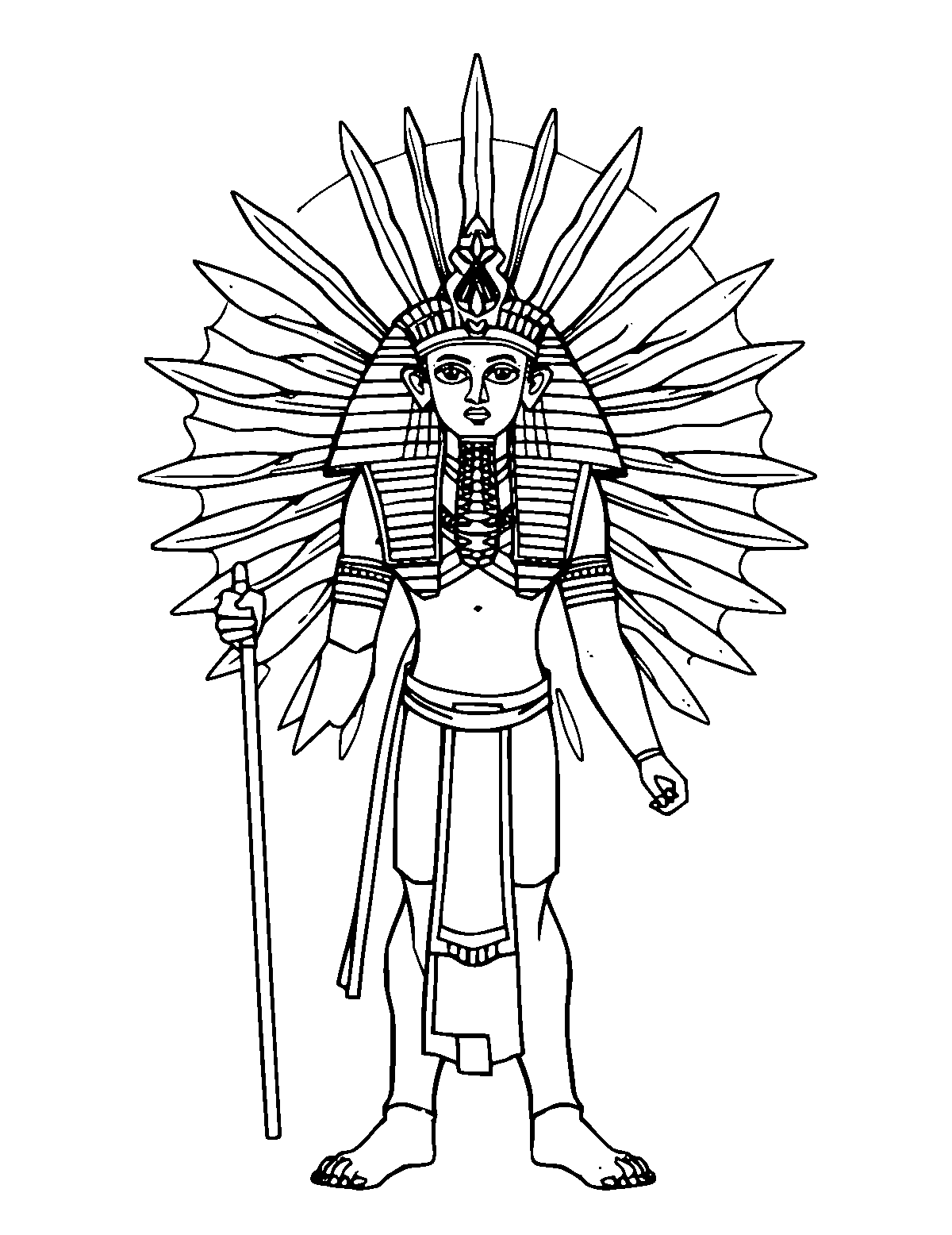 Line-art coloring page of Ra the Sun God, medium outlines, centered