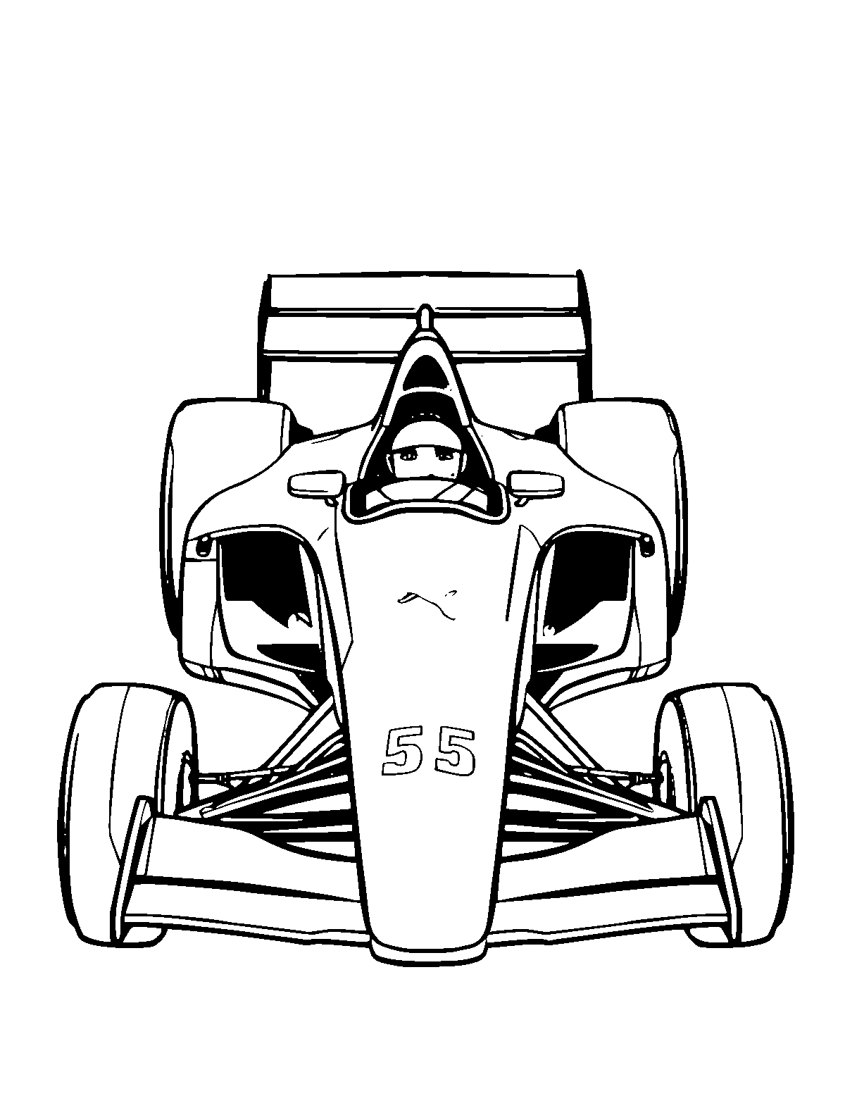 Line-art coloring page of Race Car, medium outlines, centered