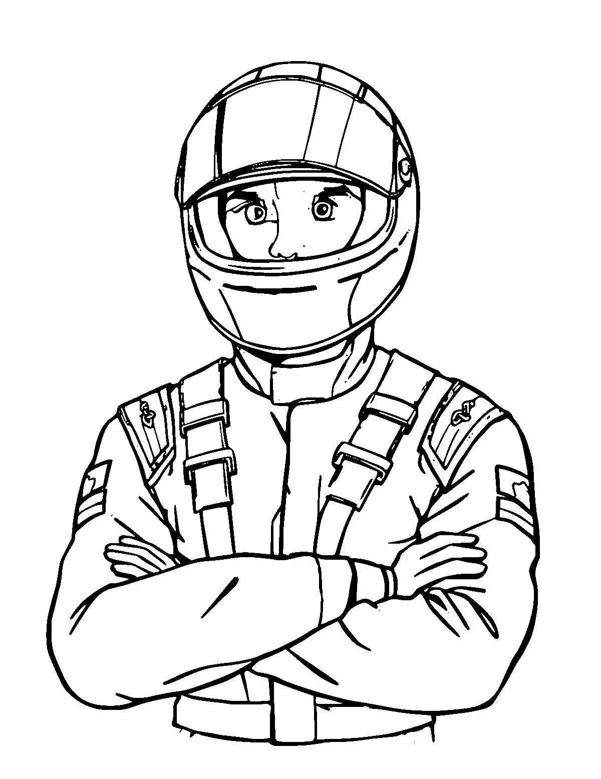 Line-art coloring page of Race Car Driver, medium outlines, centered