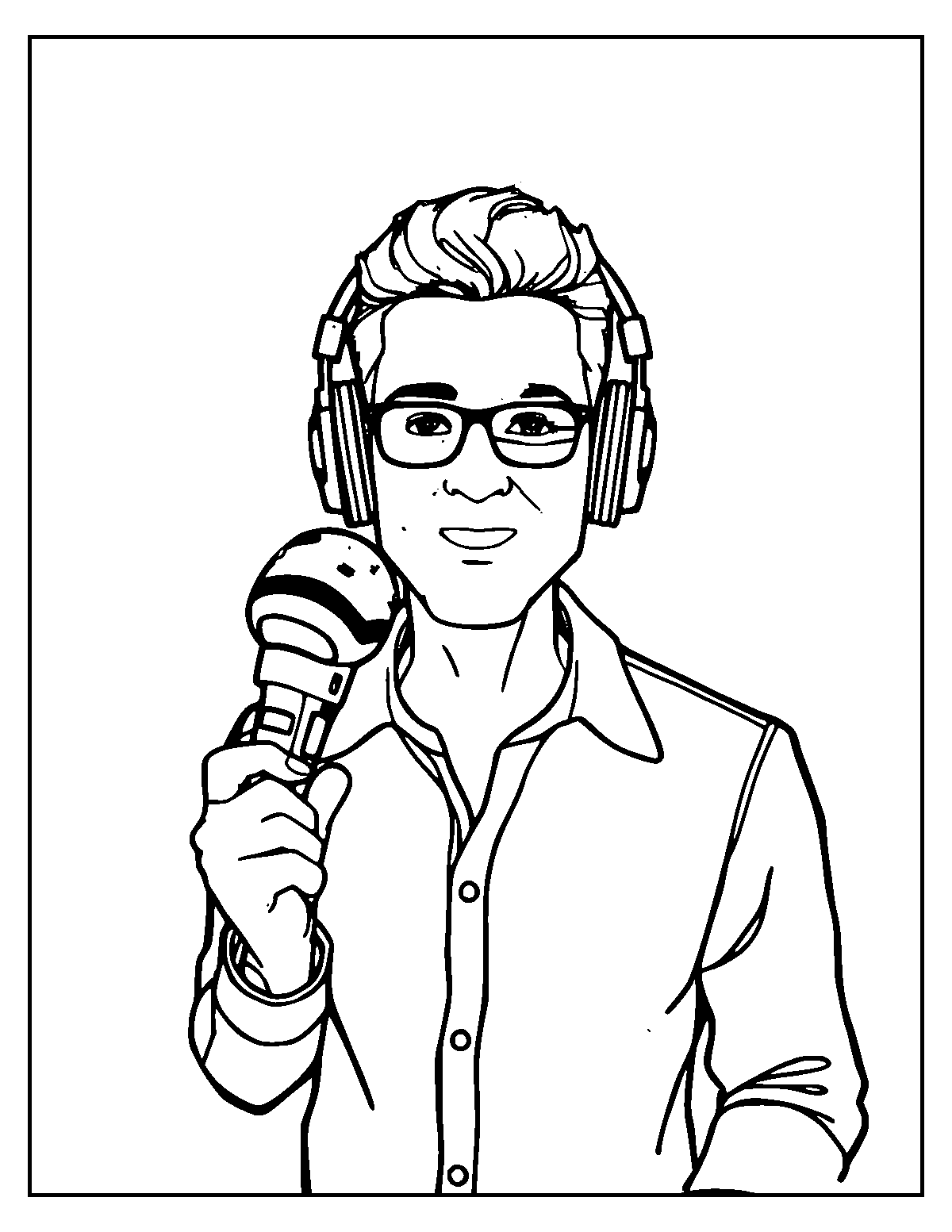 Line-art coloring page of Radio Host, medium outlines, centered