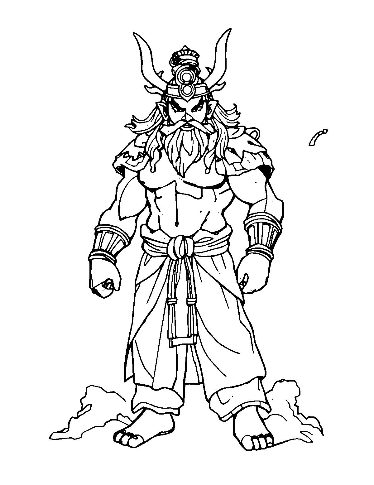 Line-art coloring page of Raijin the Thunder God, medium outlines, centered